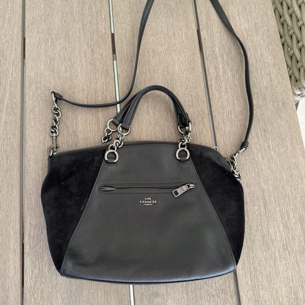 Coach Prairie Satchel Shoulder Bag Handbag Pebbled Leather & Suede Black
